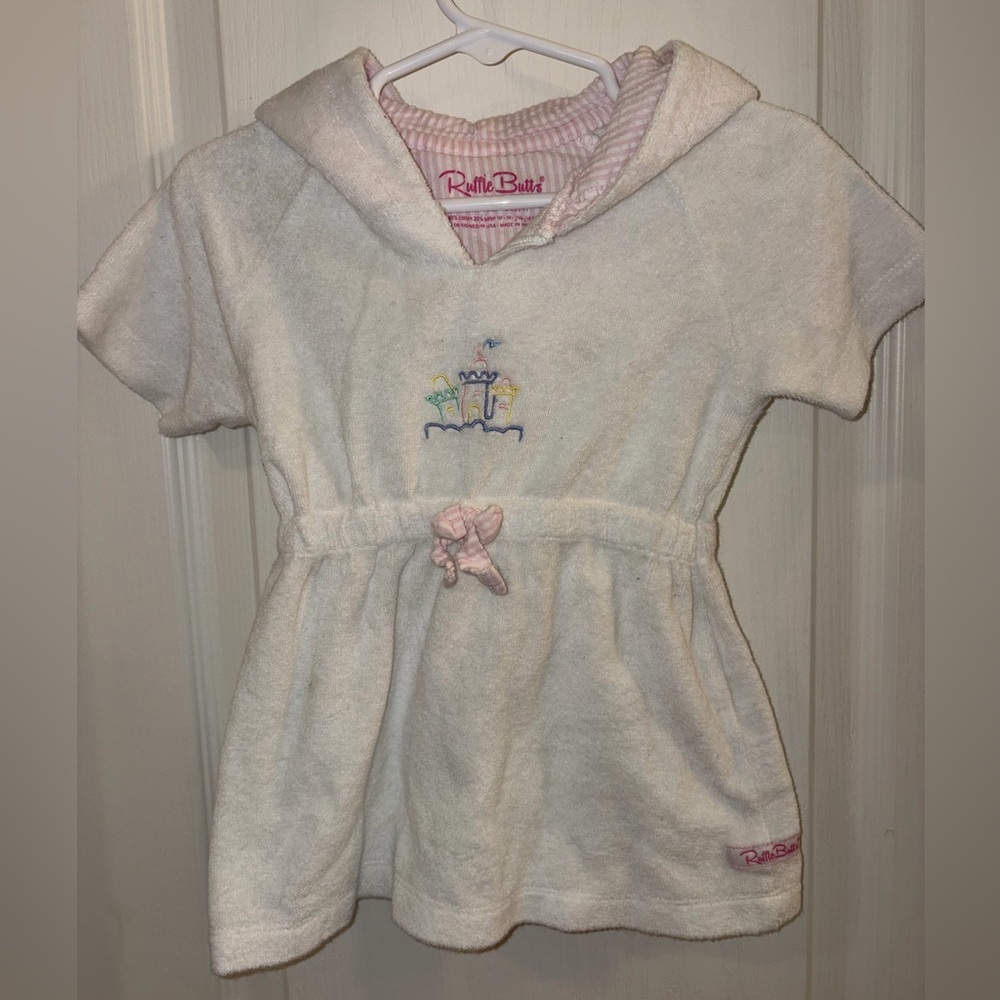 Ruffle Butts White Hooded Towel Dress with Pink Trim